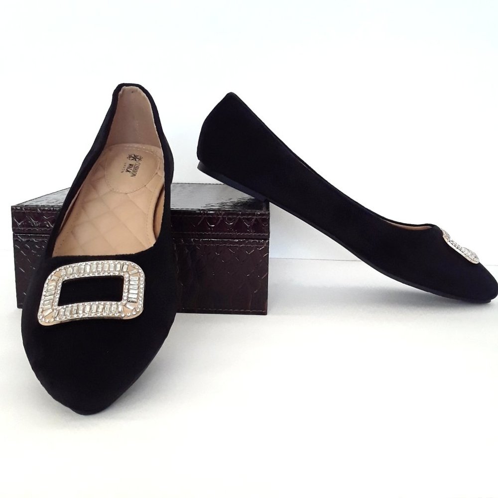Black Velvet Rhinestone Buckle Pointed Toe Ballet Flats